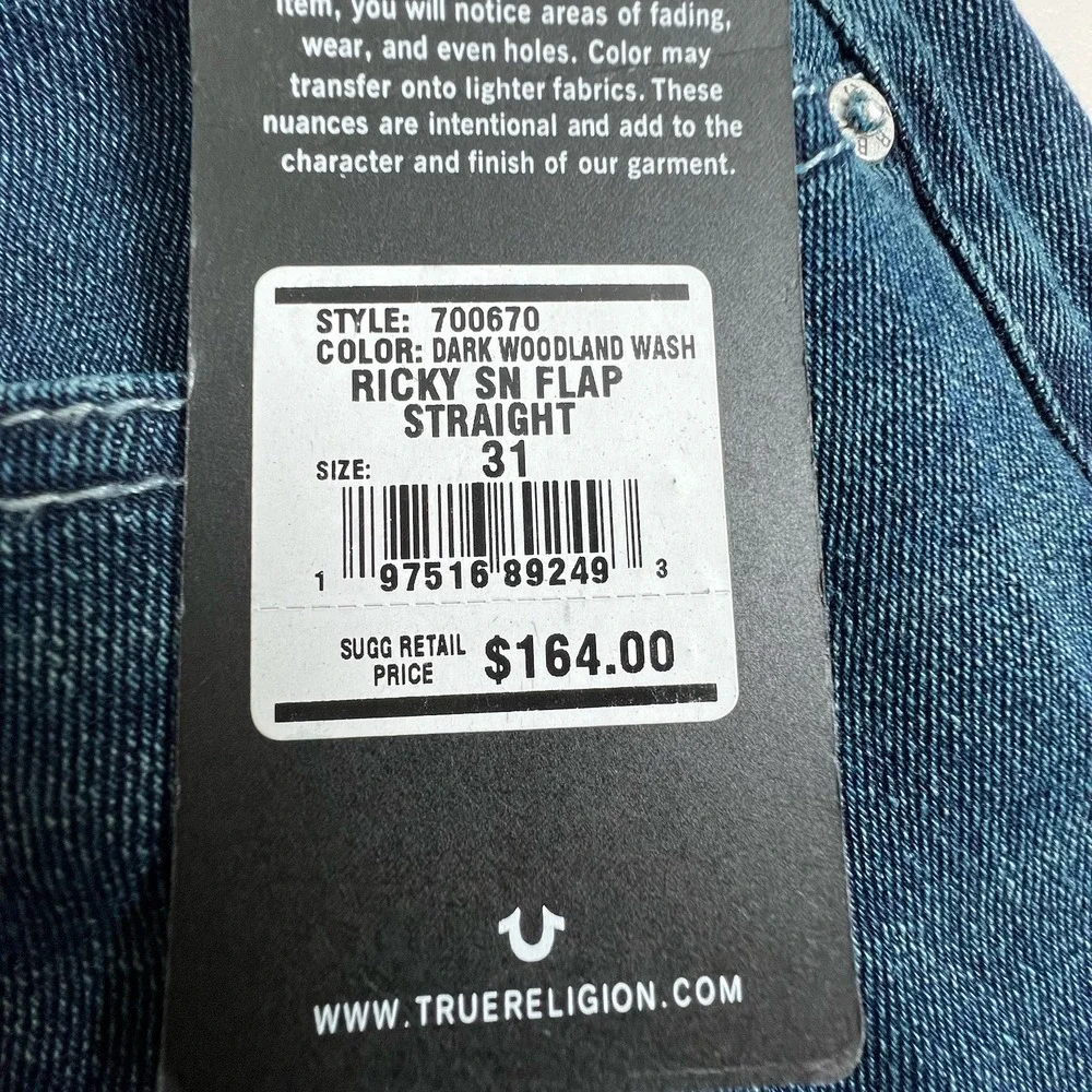 NEW True Religion Mens 31X34 Ricky Relaxed Straight‎ Flap Pocket Dark Wash Jeans